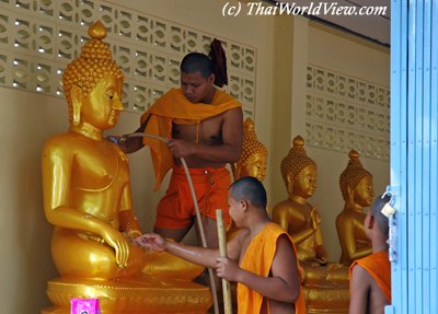 Cleaning Buddha statues